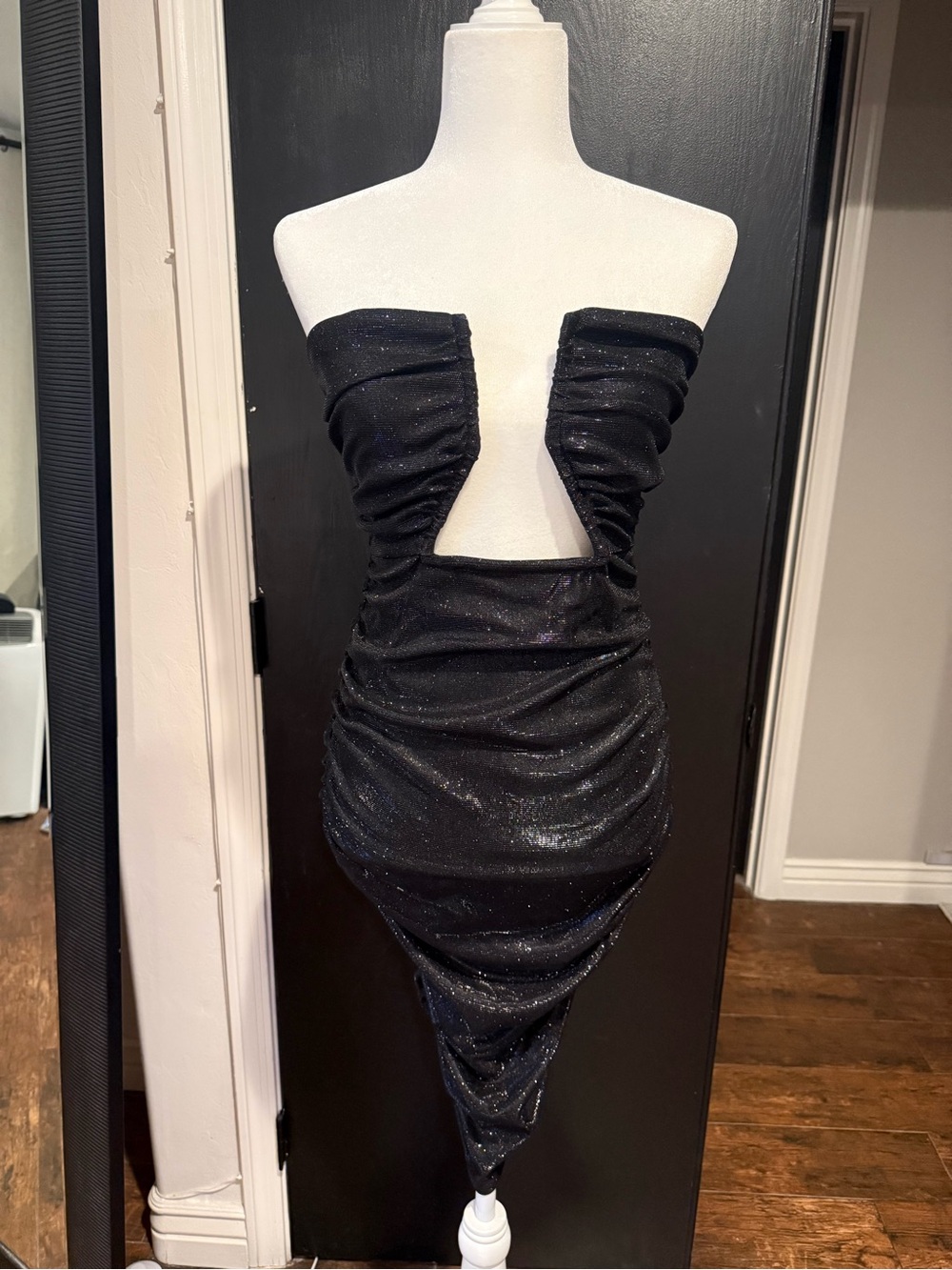 Fashion Nova Black Sparkle Strapless Ruched Cutout Dress